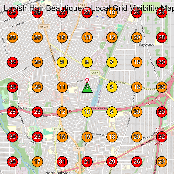 Lavish Hair Beautique GeoGrid visibility map for Hair Salon in West Babylon